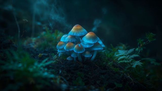 Mystical bioluminescent mushroom cluster on forest floor