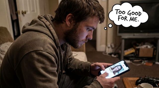 Bearded man scrolling dating app late night, thinking 'too good for me' in messy apartment