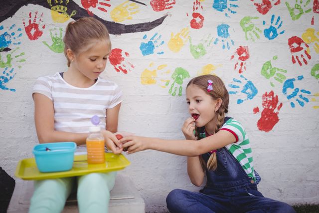 Two young schoolgirls sharing lunch in a vibrant playground with colorful handprints on the wall. Ideal for themes related to childhood, friendship, school life, and outdoor activities. Perfect for educational materials, advertisements for children's products, and articles on healthy eating and social bonding among kids.