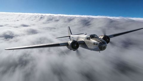 Polished twin-engine streamlined bomber soaring above high-altitude cloud deck