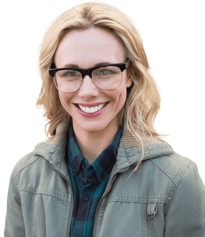Smiling Caucasian Woman Wearing Glasses on Transparent Background
