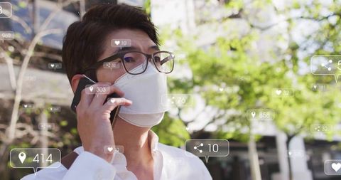 Man Engaged in Phone Call with Digital Media Overlays and Urban Background