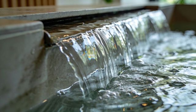 Cascading Stone Spillway Creating Smooth Water Curtain with Reflective Bubbles in Spa Pool