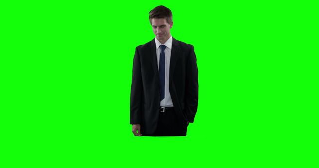 Young businessman in a suit standing against a green screen background, suitable for business, corporate, or technology themes. Can be used for creating professional presentations, marketing materials, and digital media content to feature business professionals. The green screen allows for easy background changes or enhancements.