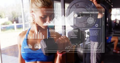Woman lifting dumbbell wearing blue sports top and pink fitness tracker with HUD overlay