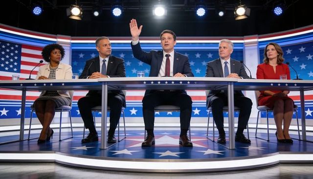 National debate panel raising hand while speaking on patriotic stage with five candidates
