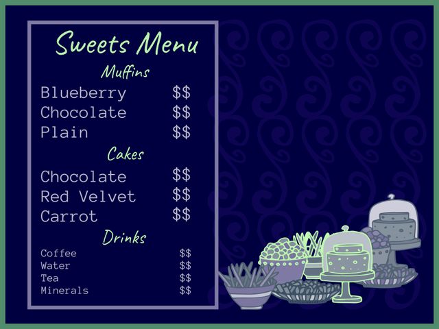 This whimsical bakery menu template features a chalkboard-style design with hand-drawn elements, perfect for cafes and dessert events. The menu includes muffins, cakes, and drinks with simple yet elegant pricing. Ideal for use in eateries, patisseries, and at sweet-themed occasions, this visually appealing template can be easily customized and is great for digital or printed copies.