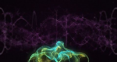 Neon Point-Cloud Mesh Animating into Undulating Mound with Purple Waveform Grid