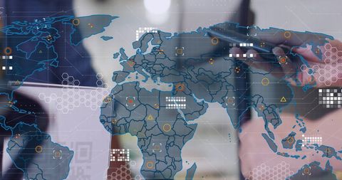 Global Financial Data Overlays with Businesswoman Serving Coffee