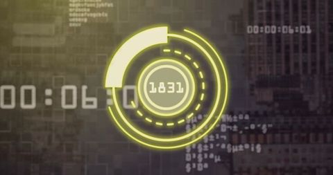 Displaying yellow circular hud overlay showing numeric readout 1831 on urban data interface