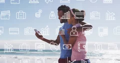 Couple Exploring Beach With Financial Data Icons Overlay