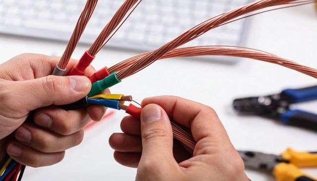 Hands connecting stripped copper wires with colored heat-shrink tubing closeup