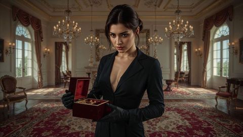 Elegant female burglar unveiling gold jewelry in baroque palazzo
