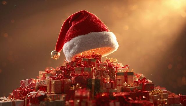 Santa hat crowning pile of glittering red gifts with warm golden bokeh lighting