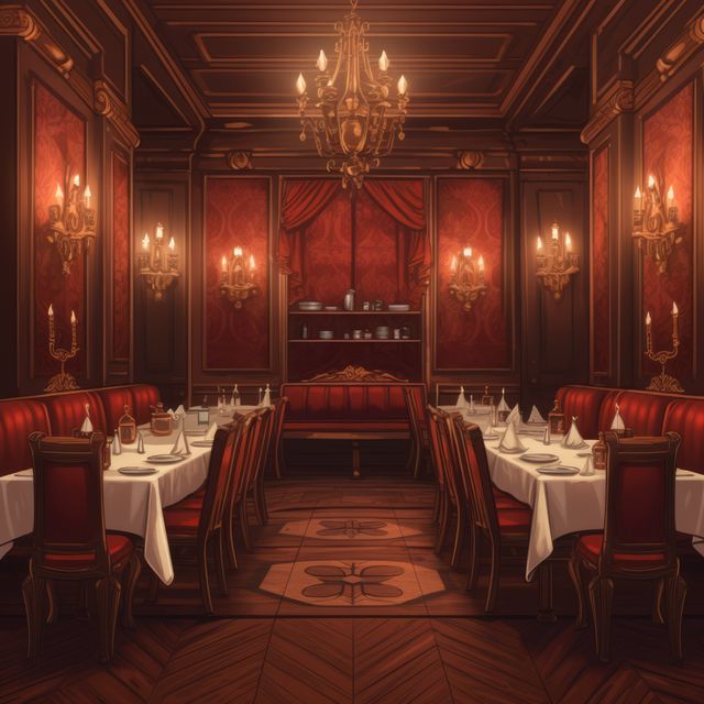 General view of fancy traditional restaurant interiors, created using generative ai technology. Restaurant, dining and interiors concept digitally generated image.