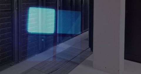 Futuristic Data Loading in Server Room with Neon Blue Overlay