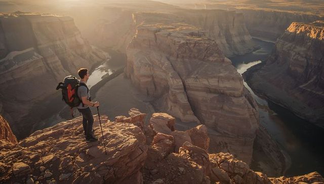 Hiker standing on canyon cliff overlooking meandering river at golden sunset, backpacking