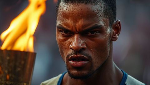 Determined athlete clutching torch with blazing flame, sweat-drenched focused expression