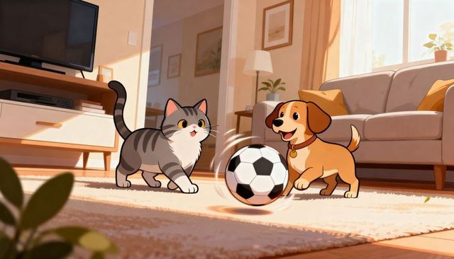 Cute tabby and playful puppy chasing soccer ball on sunlit cozy living room rug