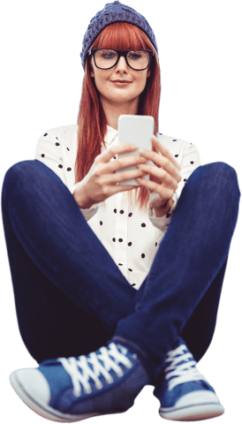 Trendy Hipster Woman in Glasses Using Smartphone on Transparent Background