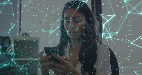 Businesswoman Engaging with Smartphone Displaying Digital Network