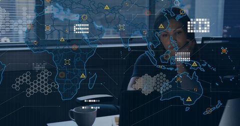 Woman analyst engaging with digital world map at office desk