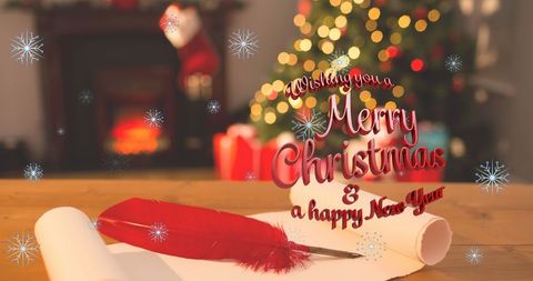 Festive Christmas Greeting with Tree and Feather Pen