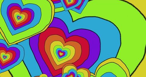 Vibrant Kaleidoscope of Rotating Rainbow Hearts