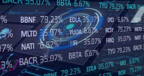 Displaying futuristic financial hud with circular radar live stock tickers and neon charts