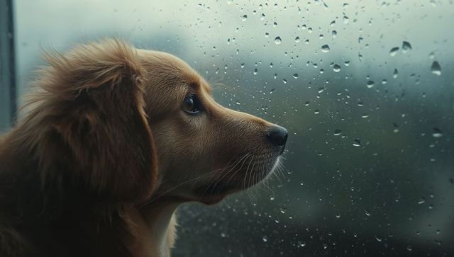 Brown Puppy Gazing Through Rain-Speckled Window Closeup Showing Muzzle and Whiskers