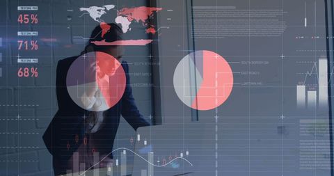 Businesswoman engages in data analysis with digital interface background