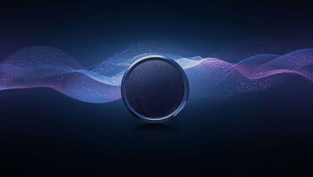Circular portable speaker emitting neon particle waveform, wireless smart audio device
