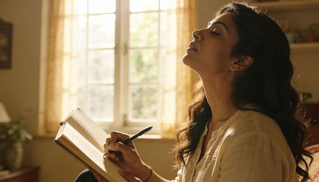 Contemplative indian woman writing diary in sunlit bedroom, warm cozy morning light