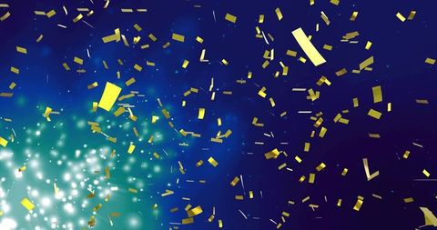Drifting Gold Confetti Showering Across Blue-Teal Bokeh Backdrop with Sparkling Light