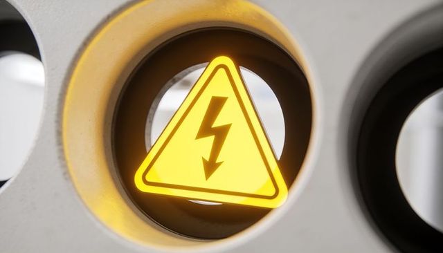 Glowing high voltage warning sign backlit in industrial electrical cabinet perforated panel