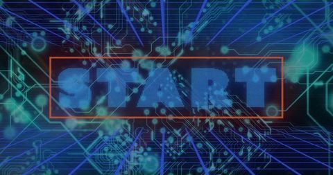 Futuristic cyber start button with neon circuitry