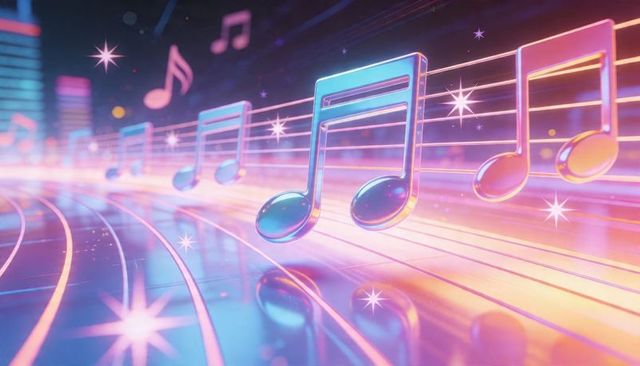 Neon holographic music notes on reflective floor with futuristic glowing staff lines