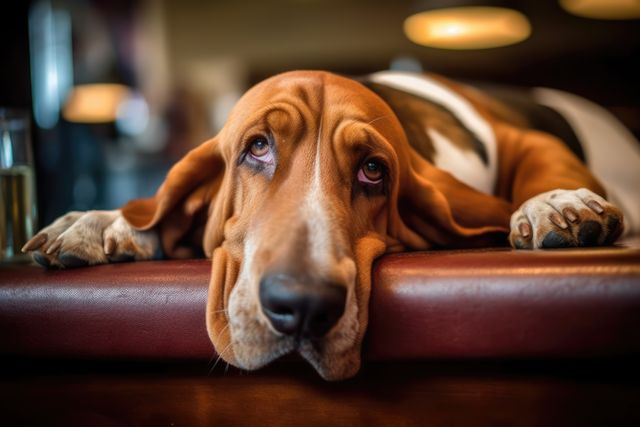 Portrait of cute basset hound lying on furniture, created using generative ai technology - Download Free Stock Photos Pikwizard.com