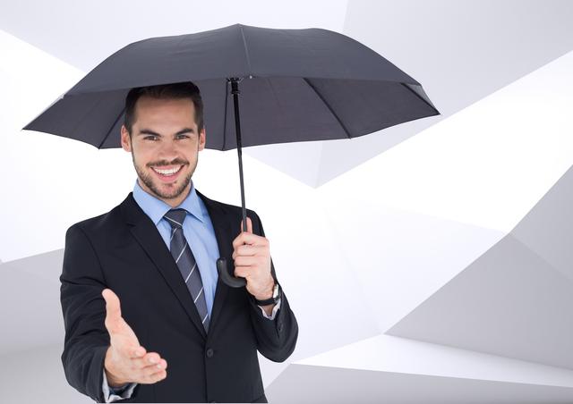 Businessman in formal suit holding umbrella and offering handshake. Ideal for business, corporate, and professional themes. Can be used for advertisements, websites, and presentations related to business, networking, and professional services.