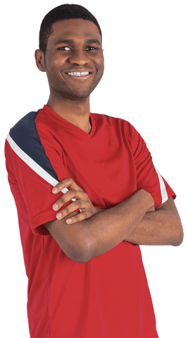 Transparent Confident Young Man in Red Football Jersey Smiling