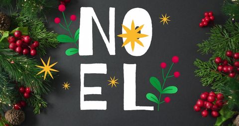 Festive Noel Text with Christmas Fir Branches and Berries