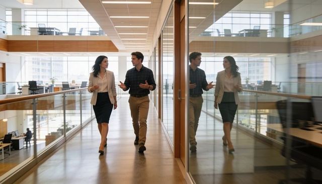 Business colleagues walking and discussing strategy in modern glass office corridor