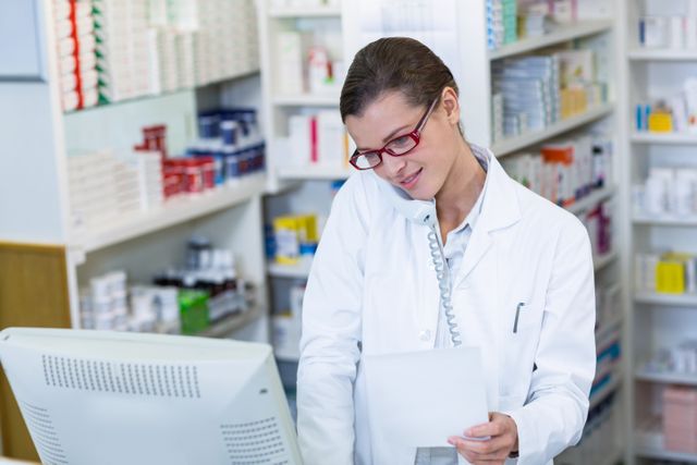 Pharmacist holding prescription paper while talking on phone in pharmacy