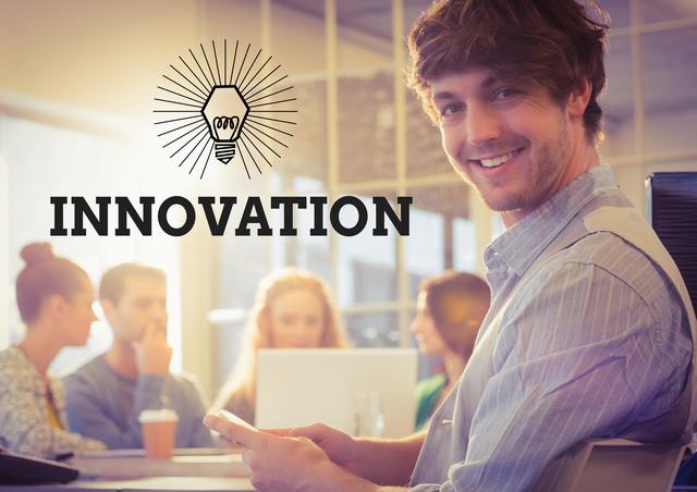 Male executive in office environment smiling while using smartphone. Innovation concept overlay with light bulb icon emphasizes modern business approach and creativity. Ideal for business presentations, marketing materials, corporate websites, and articles on innovation and technology.