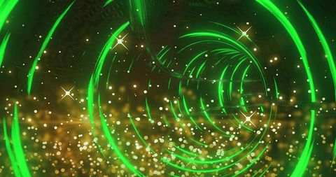 Spiraling neon green rings drawing inward in futuristic tunnel with golden particle bokeh