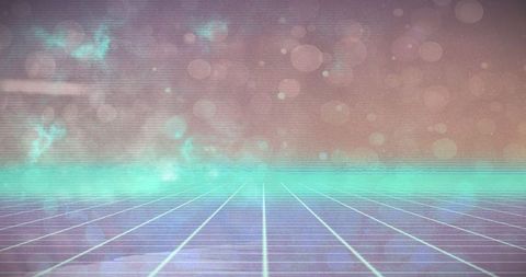 Retro futuristic grid with neon overlay and light flares