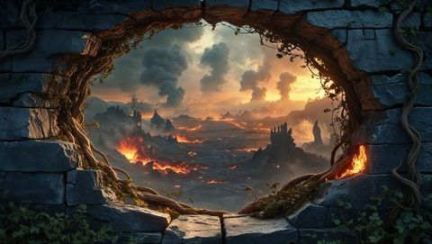 Circular stone aperture revealing vast lava hell field and sunset