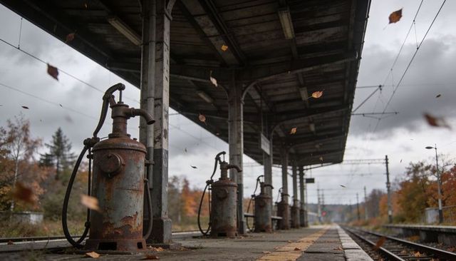 Rusting manual fuel pumps lining abandoned rural train platform under moody autumn sky