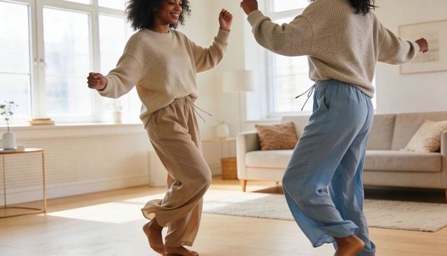 Two women dancing barefoot in sunlit minimalist living room