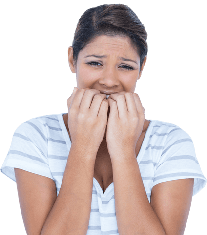 Transparent worried woman biting nails in anxiety gesture